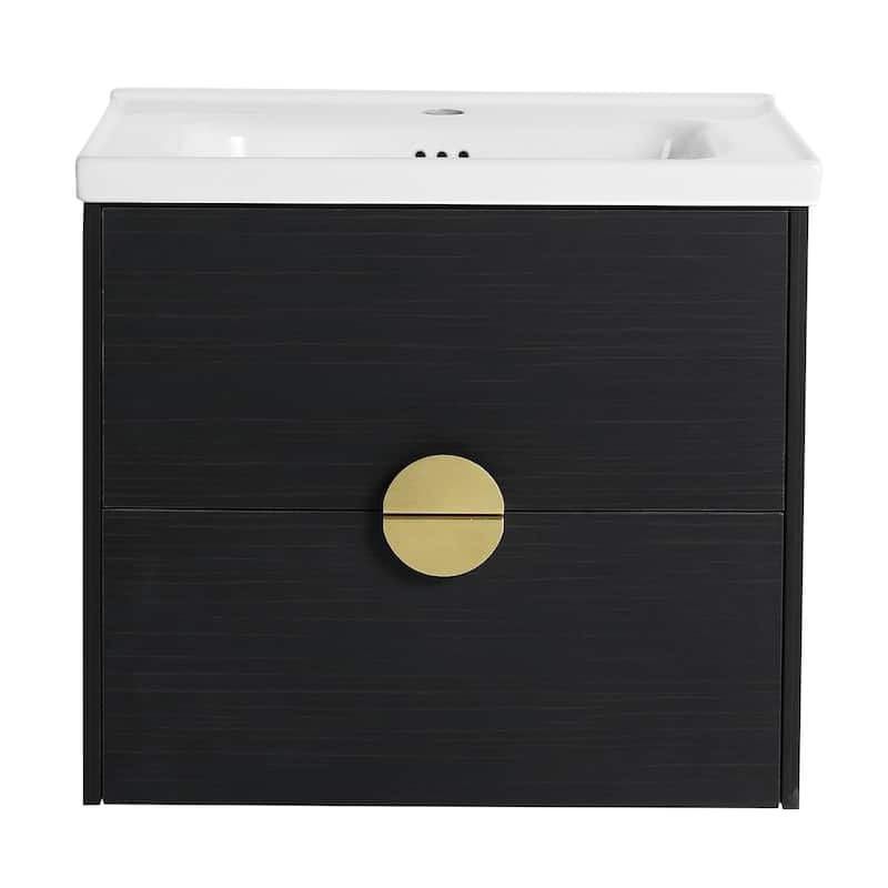 24 inch Wall-Mounted Bathroom Vanity Set in Black with Integrated Ceramic Sink