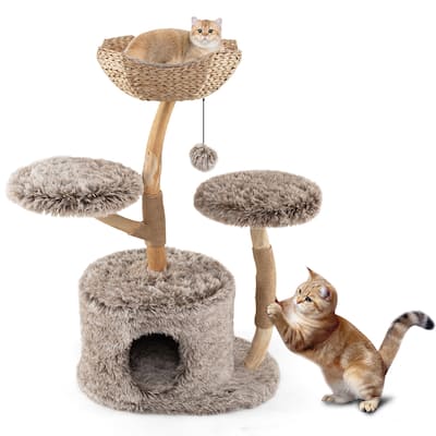 Grey 4-Tier Cat Activity Center with Plush Perch and Condo Hideout and Jute Scratching Posts - 23.5" x 41.5"