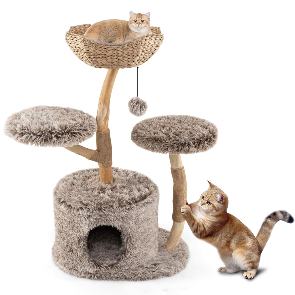Grey 4-Tier Cat Activity Center with Plush Perch and Condo Hideout and Jute Scratching Posts - 23.5" x 41.5"