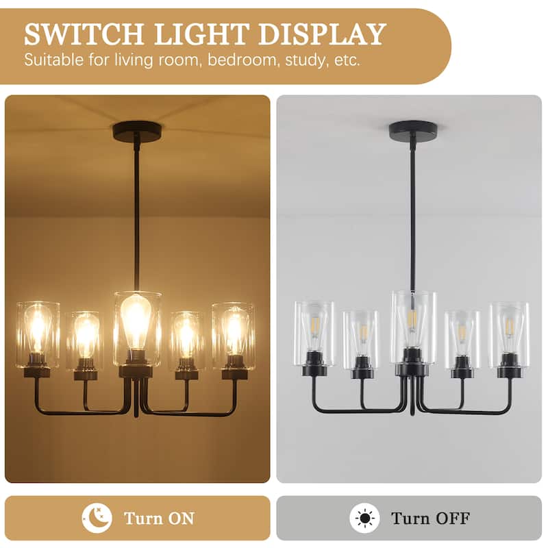 5-Light Hanging Linear Chandelier Lighting Fixture Foyer Pendant with Glass Shade for Kitchen Island