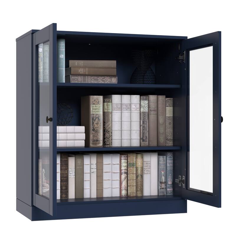 Palace Imports 100% Solid Wood 3-Shelf Bookcase, Clear Glass Doors, Adjustable Shelves, 32" Wide, 35.75" Tall