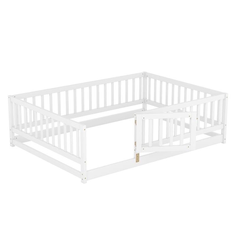 Full Size Montessori Floor Bed with Fence and Door, Kids Wood Bed Frame, Natural Pine Wood Floor Bed