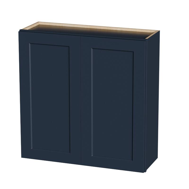 Navy Blue Shaker 36" Solid Wood Wall Cabinet, Soft Close Hinges, Adjustable Shelves, Double Door for Kitchen