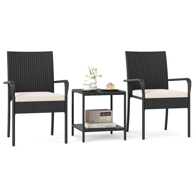 3 Piece Black PE Rattan Patio Set with Metal Frame, Cushions and Glass Table - Chair: 23" x 22.5" x 35"