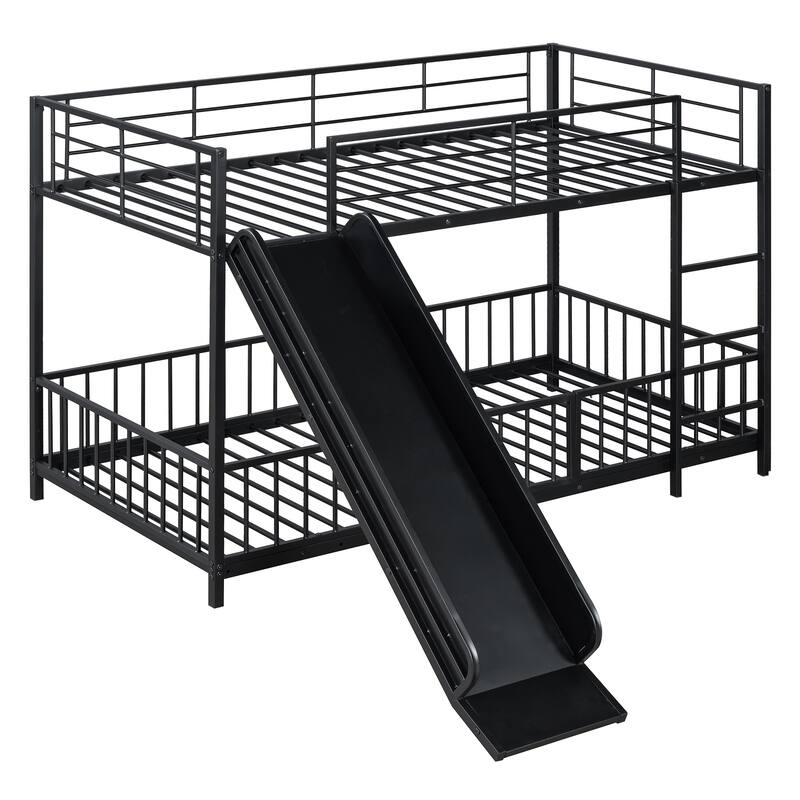 Twin over Twin Metal Bunk Bed with Slide, Guardrails, and Convertible Loft Design, Black