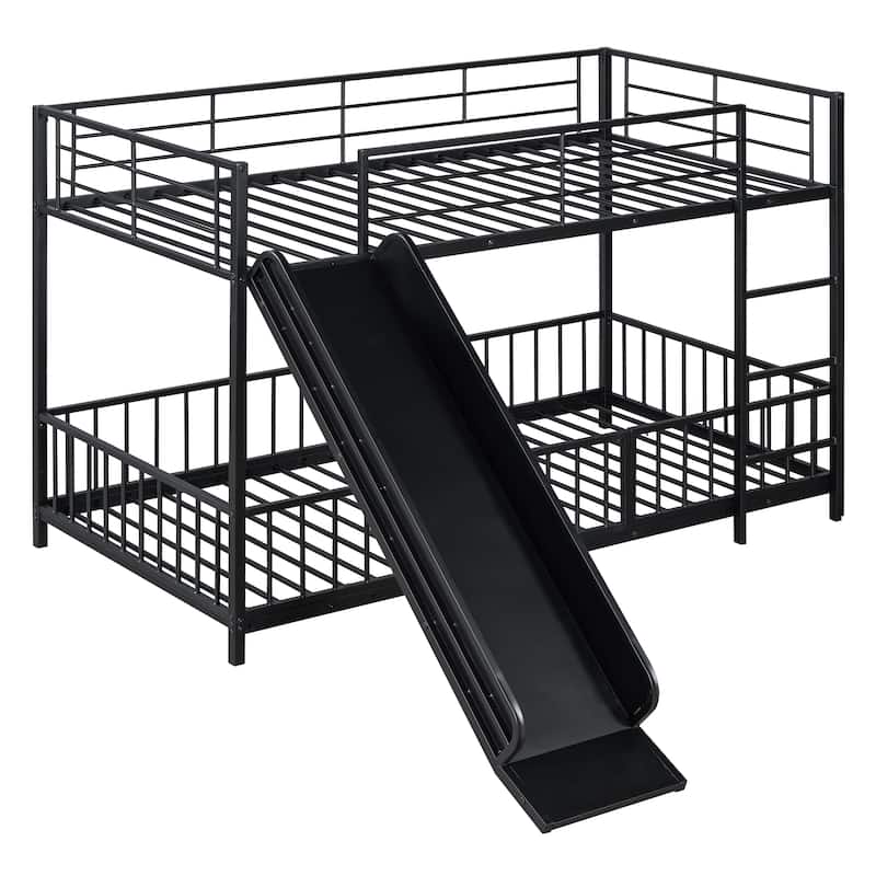 Twin over Twin Size Metal Bunk Bed with Slide and Guardrails for Kids, Boys and Girls, Bedroom