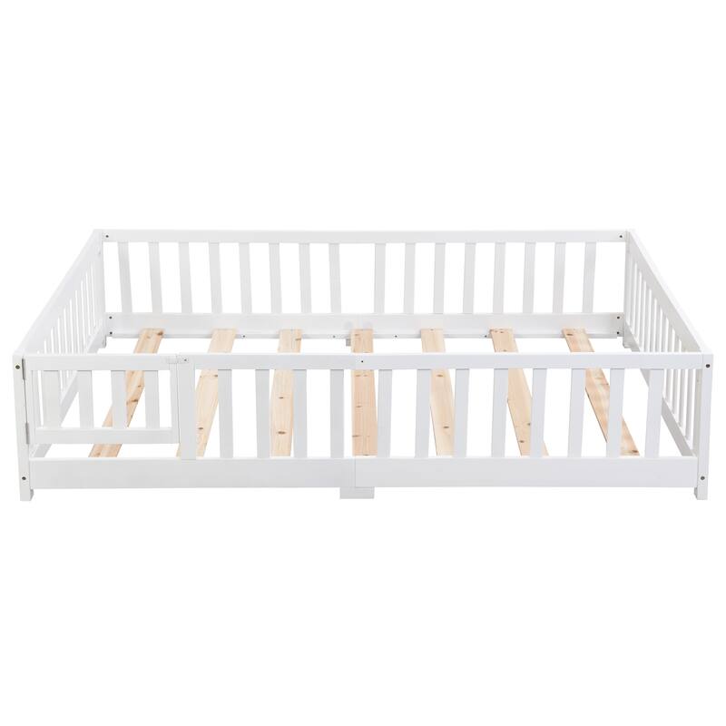 Full Size Wood Platform Bed Frame with Door, Fence - White