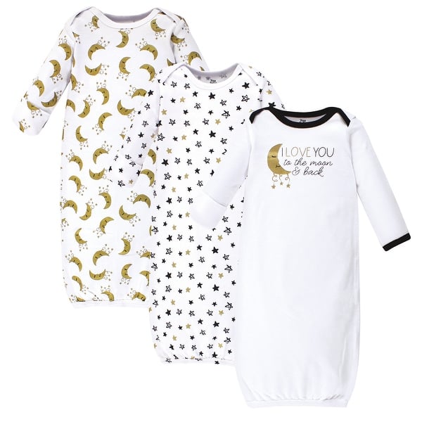 slide 1 of 1, Yoga Sprout Baby Cotton Long-Sleeve Gowns 3pk, Metallic Moon Preemie - Metallic Moon