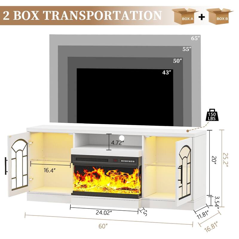Waleaf 60" Fireplace TV Stand with 3-Sided Glass Fireplace, Farmhouse Entertainment Center Modern Console