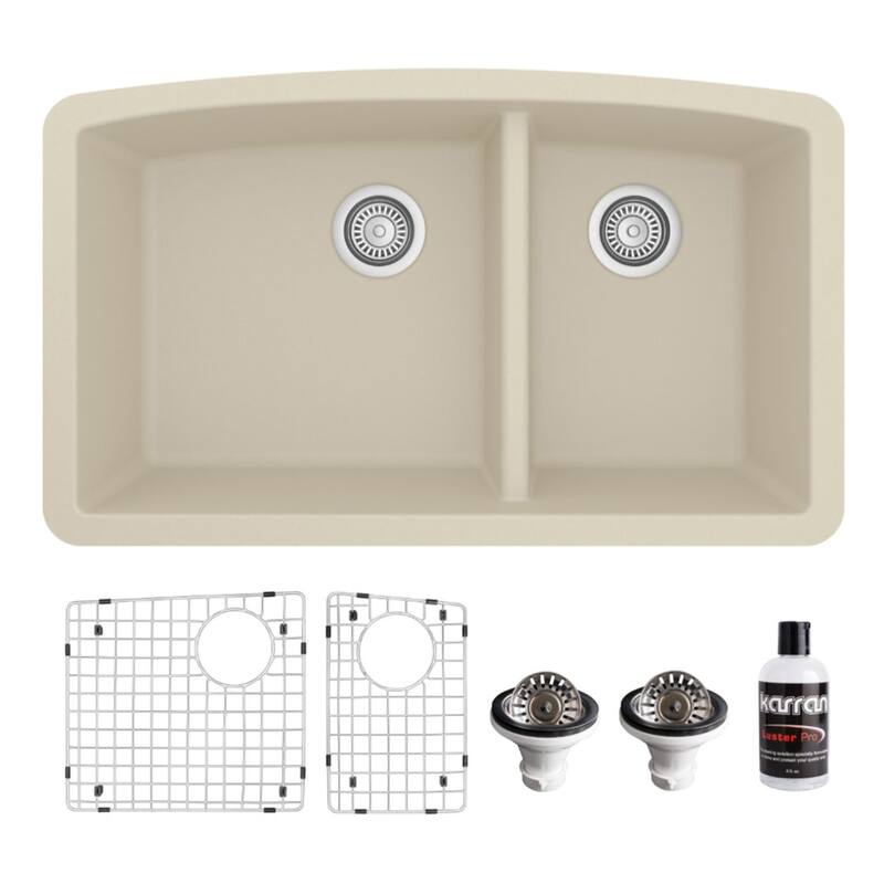 Karran Undermount Quartz 32 in. 60/40 Double Bowl Kitchen Sink Kit - Bisque