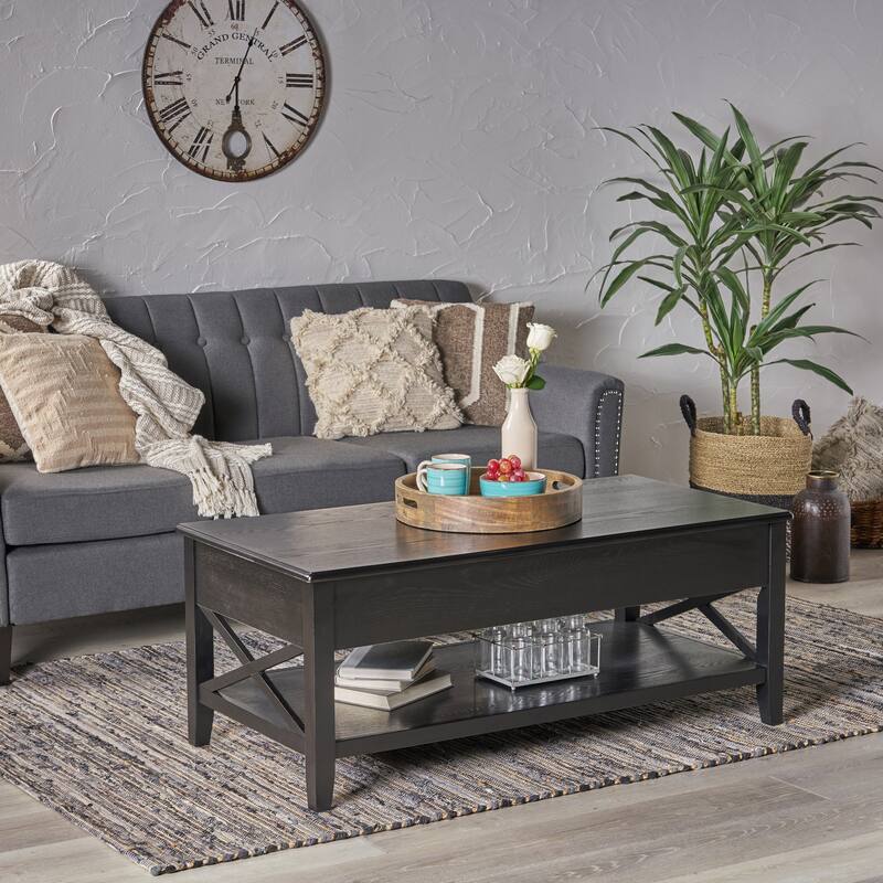 Roomfitters Modern Lift Top Coffee Table with Hidden Storage and Bottom Shelf, Wood Farmhouse Center Cocktail Table, Black