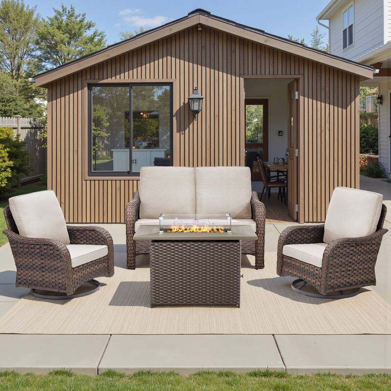 Pocassy Patio Funiture Sofa Swivel Chairs Ottoman with Fire Table Set - Beige Cushion - Brown Wicker - 4-Piece Loveseat Swivel Chair with Fire Table