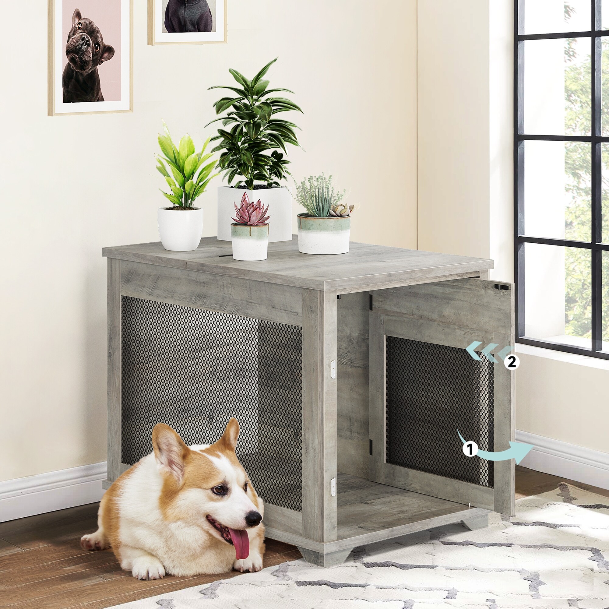 Farmhouse End Table Wooden Pet Crate Dog Kennel Furniture With Flip Top 32.5