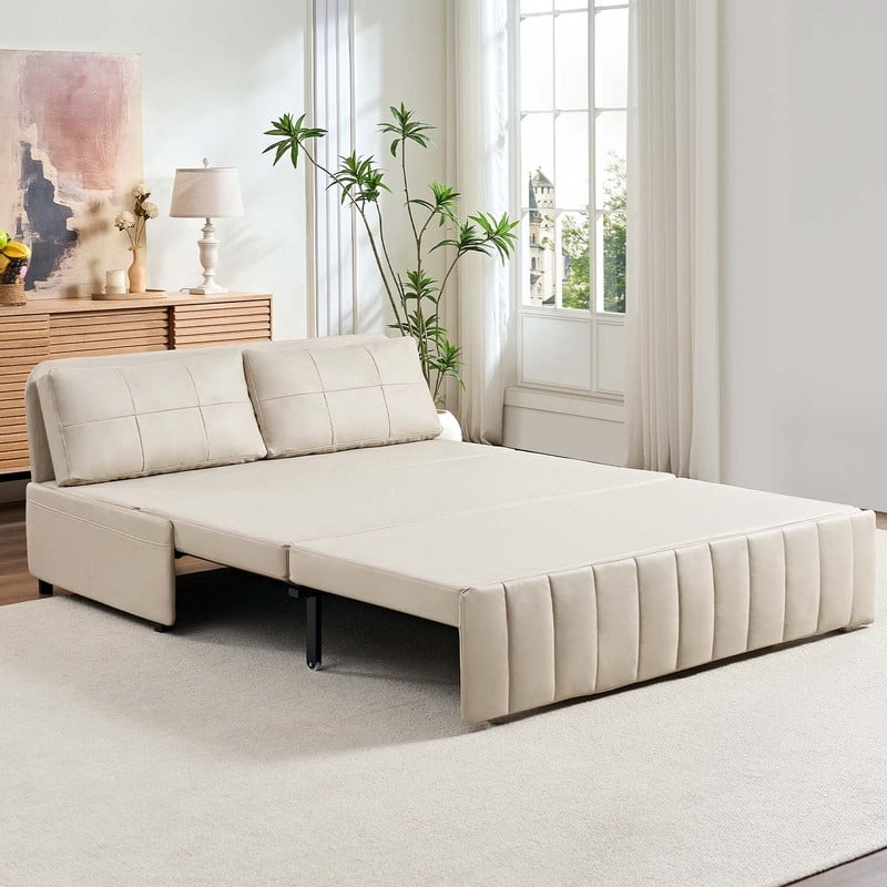 Mixoy Modern 62''Pull Out Sofa Bed,3-in-1 Pull Out Leathaire Fabric Sleeper Sofa Couch,Chaise Lounge,living room furniture