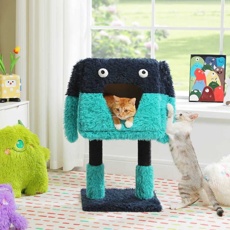 Indoor cat tower with cat condo and sisal scratching post - Blue - S