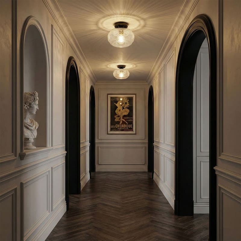 Modern Matte Black Painted Iron Clear Glass One Light Flush Mount Ceiling Light 9.45 Inch Diameter