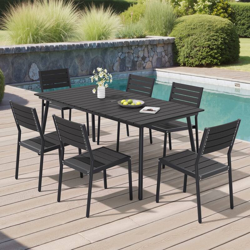 7-Piece Outdoor Patio Dining Set WPC Table Top Alumium Umbrella Hole Table with Stackable Armless Chairs - Black