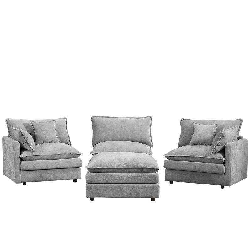 L Shaped Modular Sectional Sofa with Movable Ottoman, Chenille Upholstered Cloud Couch, Deep Seat Sofa with Pillow