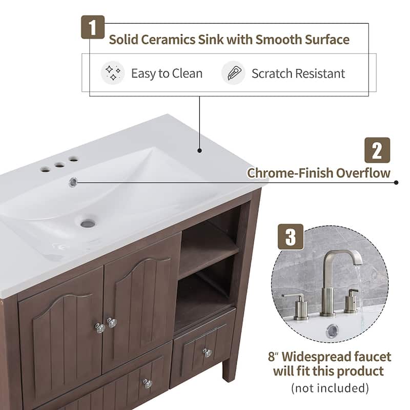 36" Bathroom Vanity with Ceramic Basin - Storage Cabinet with Drawers