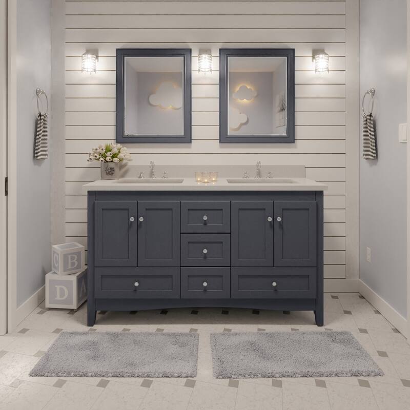 KitchenBathCollection Abbey 60" Double Bathroom Vanity with Quartz Top - Marine Gray