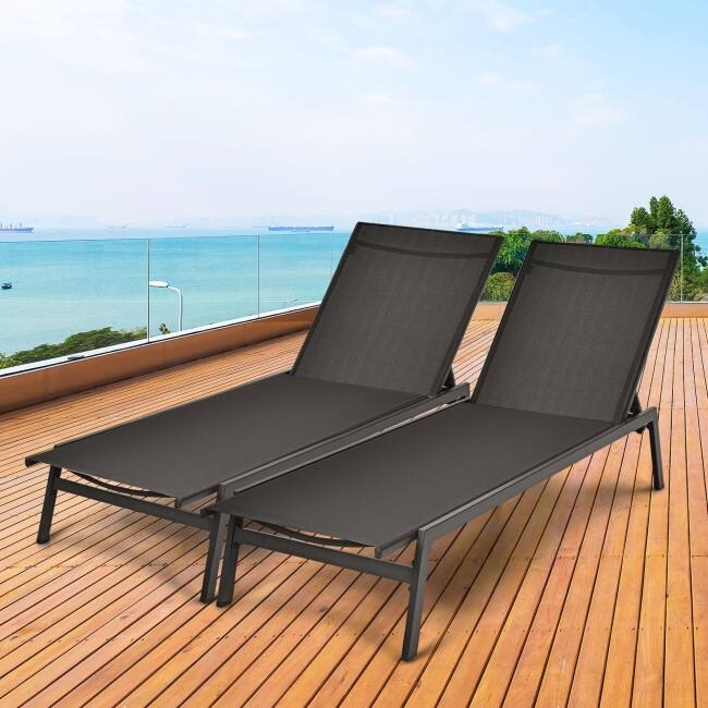 Outdoor Reclining Chaise Lounge Chair with 6-Position Adjustable Back - 64"- 79" x 25" x 38" - 12" (L x W x H)