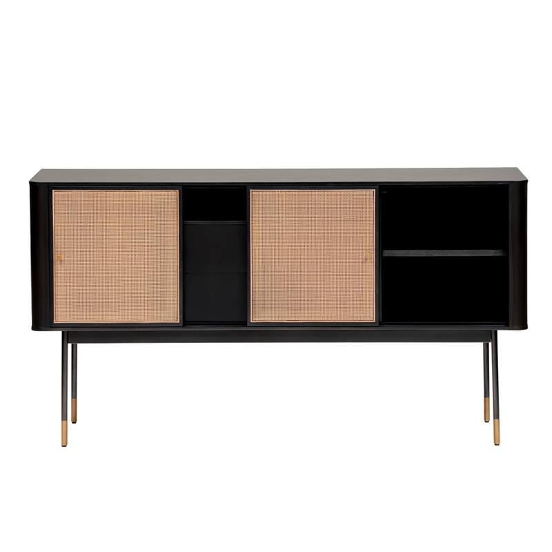 HomeRoots 59" Black And Natural Wood Two Drawer Sideboard with Two Sliding Doors - 59.06 in. x 31.89 in. x 18.51 in.