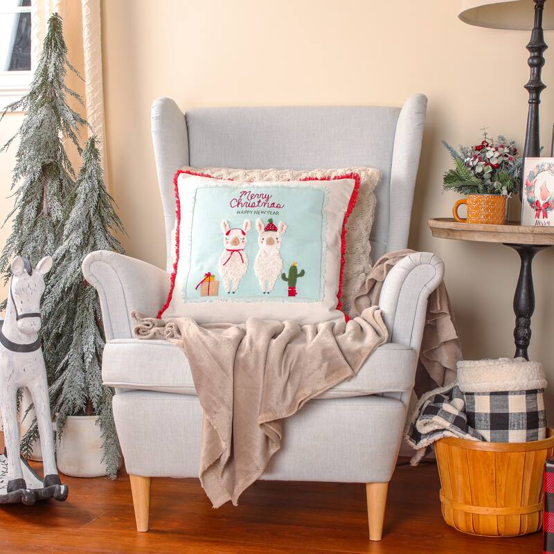 HGTV Home Collection "Merry Christmas" Llama Pillow, White, 18 in