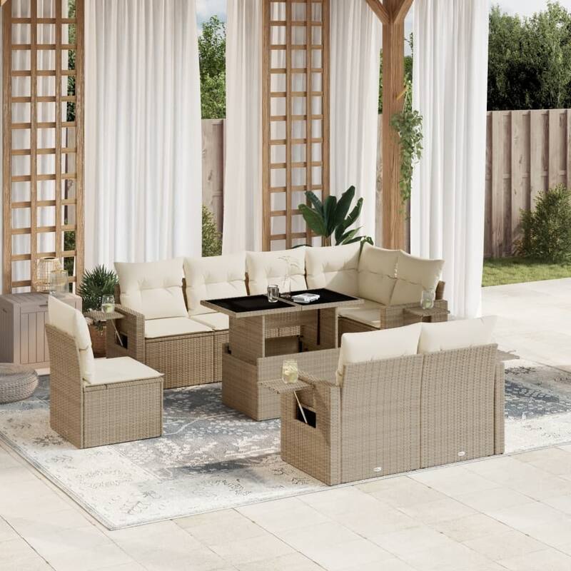vidaXL Patio Sofa Set with Cushions Outdoor Furniture 9 Piece Poly Rattan - 21.7 x 39.4 x 28.7 - Beige and Cream-without storage