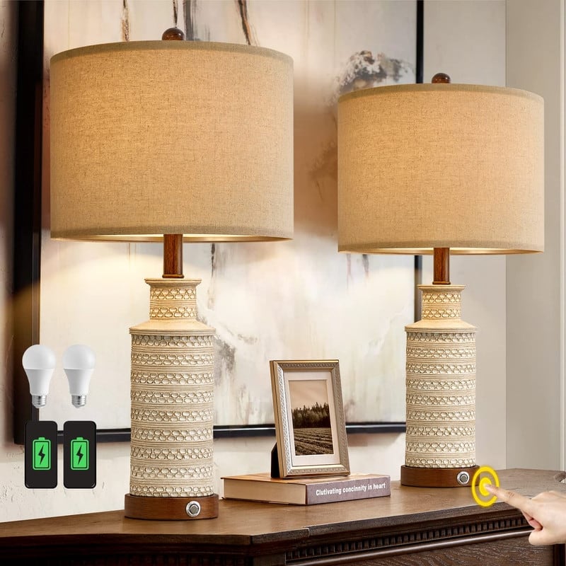 24'' Farmhouse Table Lamp Set of 2 for Bedroom - 2 Pack Touch Switch - Beige