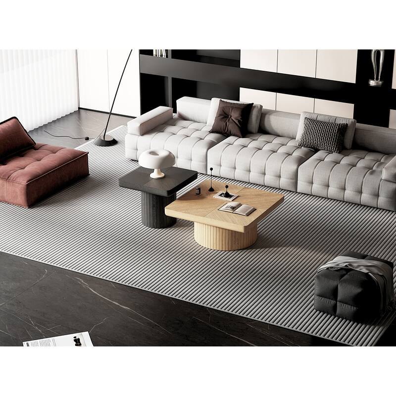 Modern Wood Coffee Table with Cylindrical & Fluted Pedestal