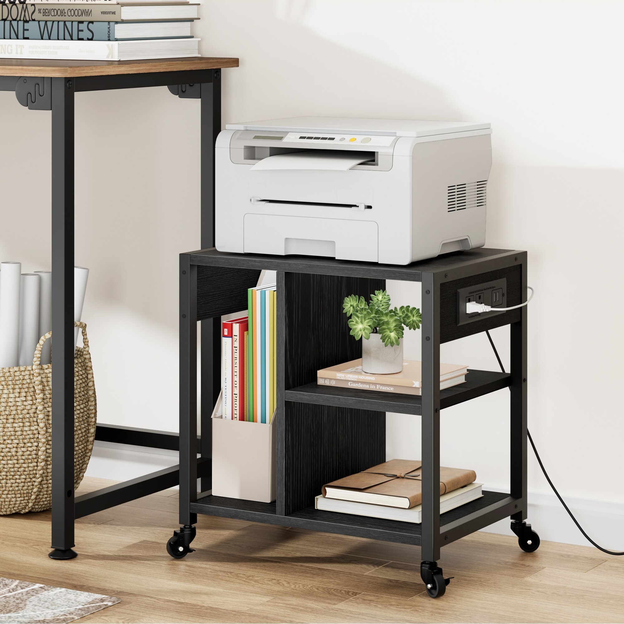 thumbnail image 2 of Topeakmart Home Office Desk With Power Outlet & USB – Printer Shelf, Black/Rustic Brown 2 of 5