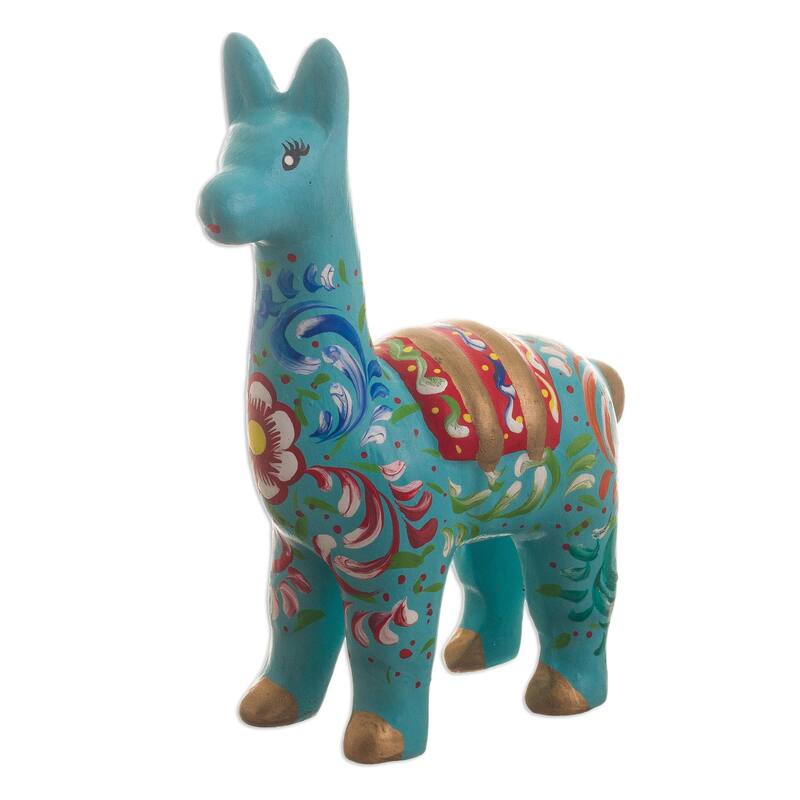 Novica Handmade Llama In Aqua Ceramic Statuette