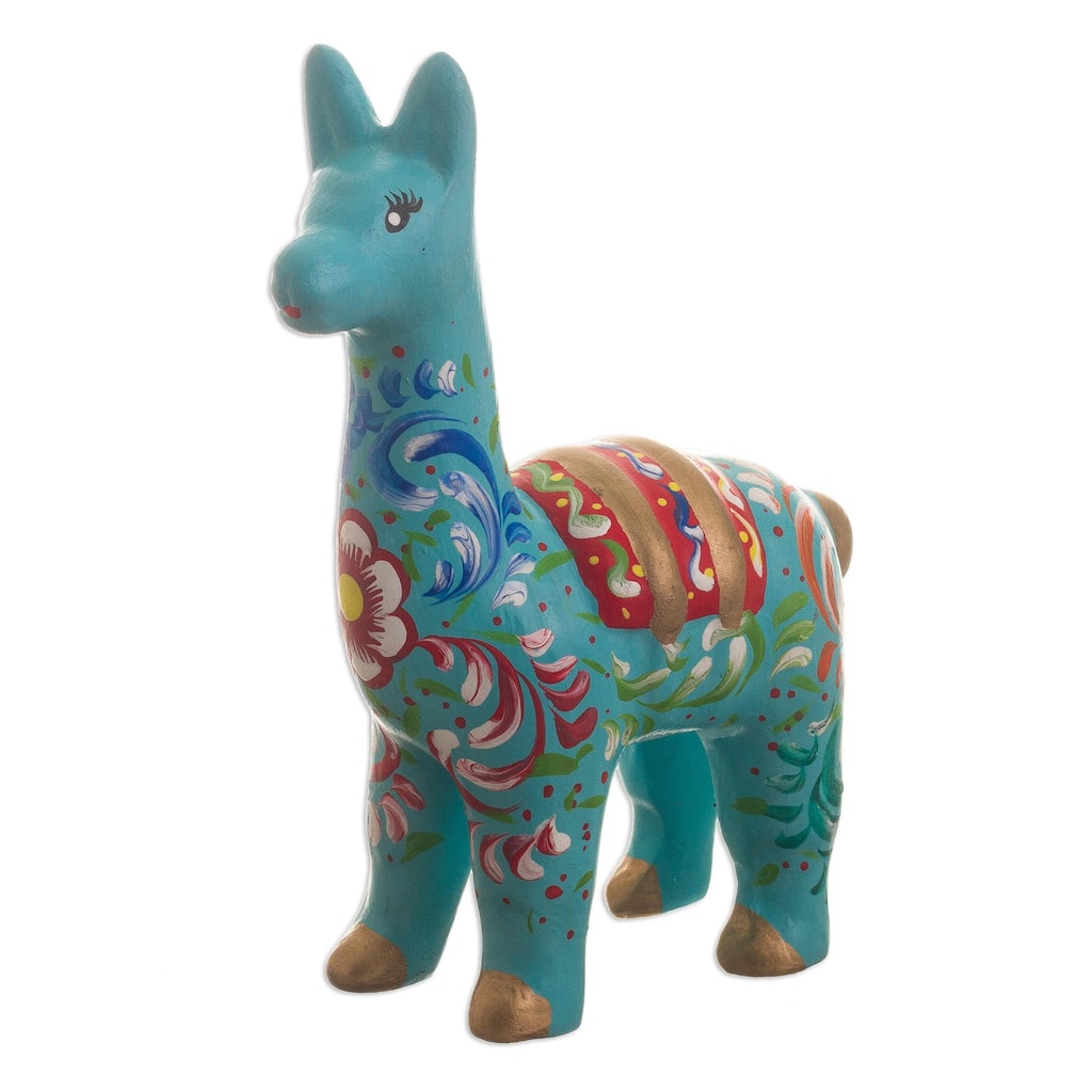 Novica Handmade Llama In Aqua Ceramic Statuette