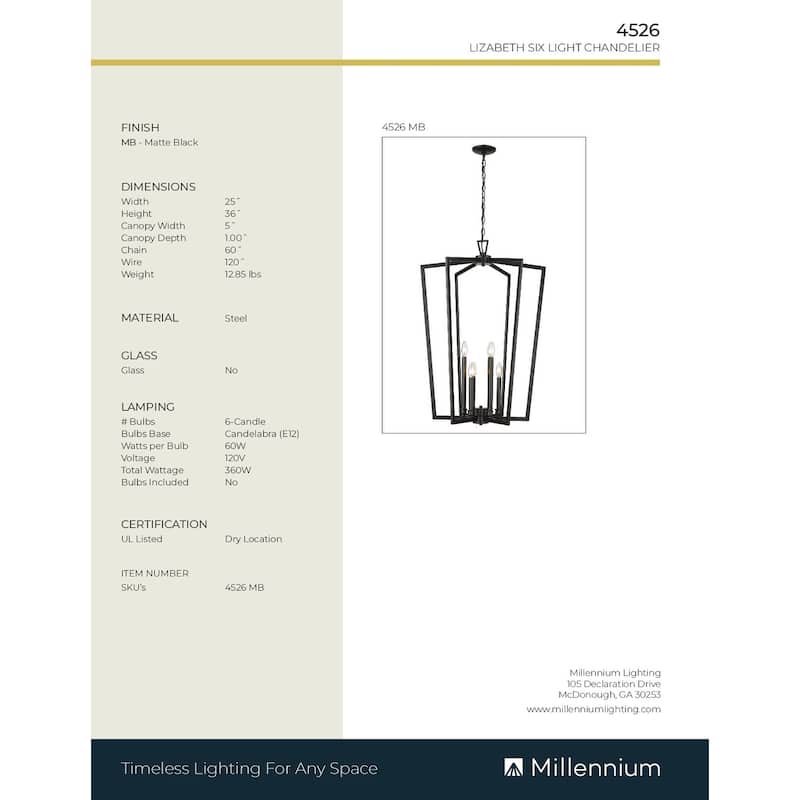 Millennium Lighting Lizabeth 6 Light Chandelier Ceiling Fixture in Matte Black