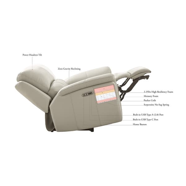 dimension image slide 1 of 2, Hydeline Erindale Zero Gravity Power Recline and Headrest Top Grain Leather Sofa, Loveseat and Recliner with Built in USB Ports