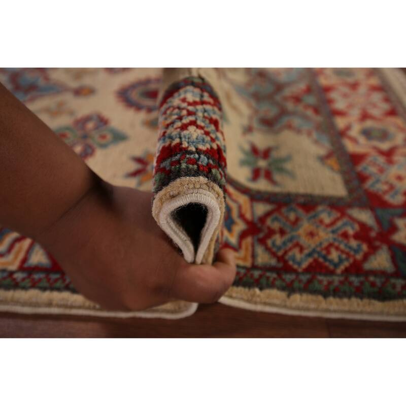 Geometric Kazak Foyer Rug Hand-Knotted Beige Wool Carpet - 1'11" x 2'11"