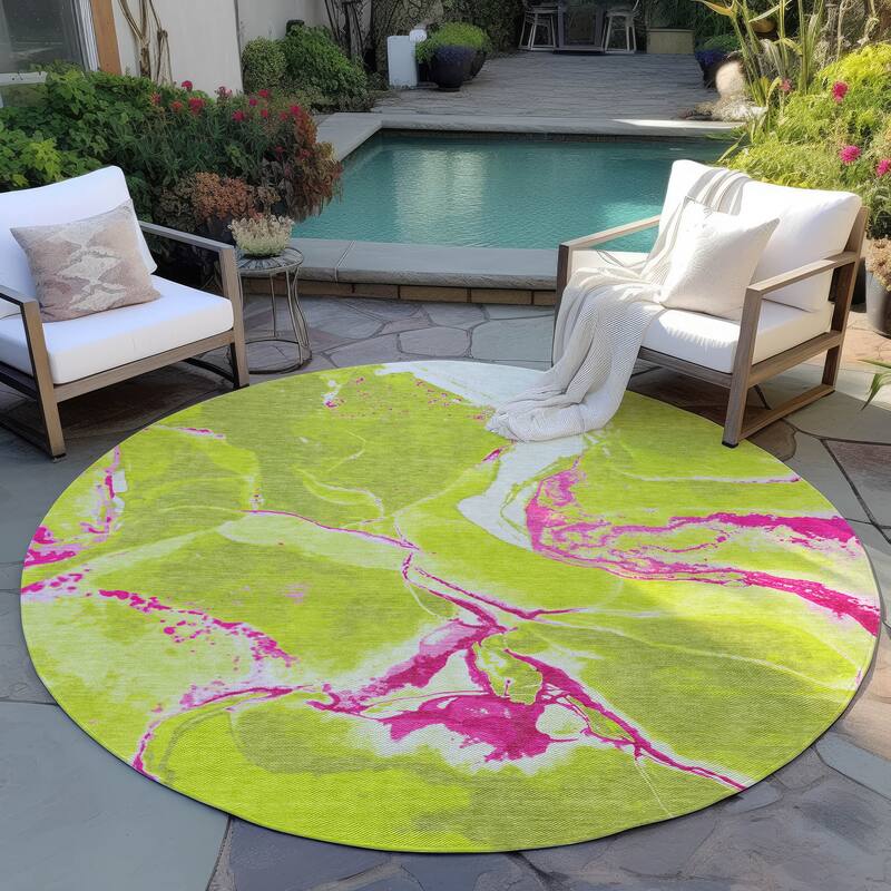 Machine Washable Indoor/ Outdoor Modern Abstract Chantille Rug - Lime - 8' x 8'