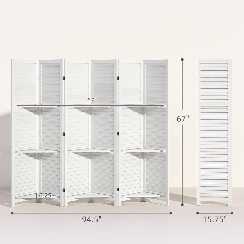 HOMCOM Room Divider, 6 Panel 67" Tall Wood Privacy Screen with 3 Display Shelves, and Folding Storage for Bedroom, Gray