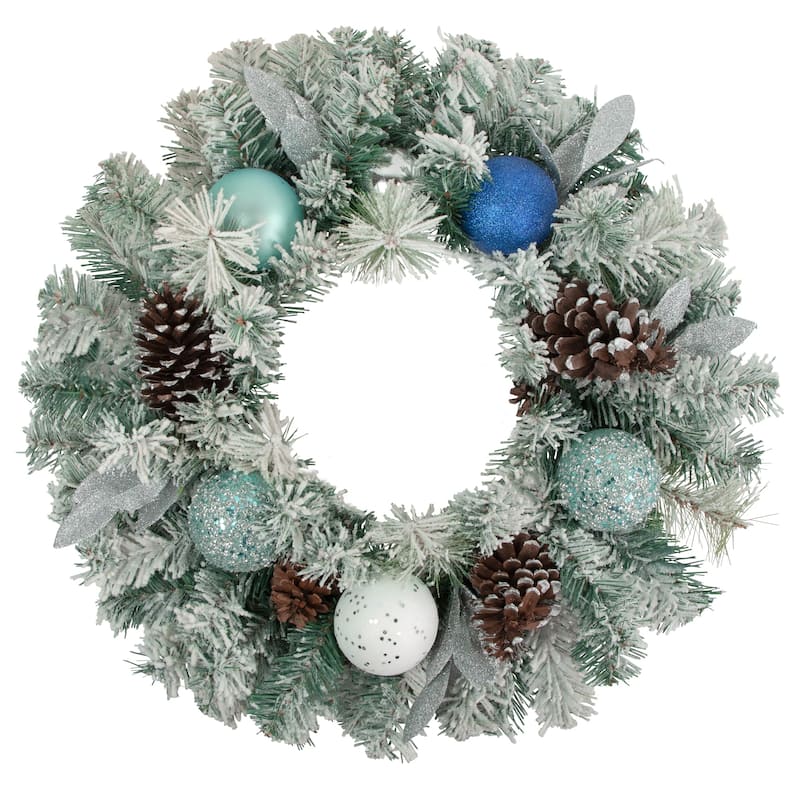 Flocked Pine Blue Silver Ornaments Artificial Christmas Wreath 24"