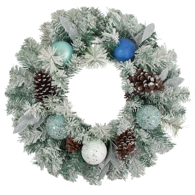 Flocked Pine Blue Silver Ornaments Artificial Christmas Wreath 24"