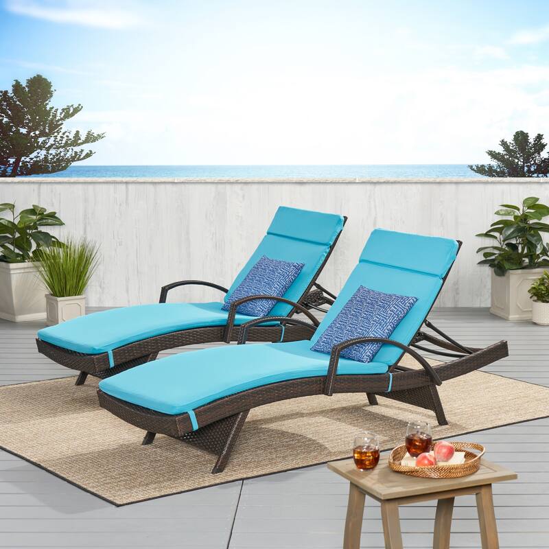 Vilano Outdoor Cushioned Lounge Chair (Set of 2) by Christopher Knight Home - Brown/Blue
