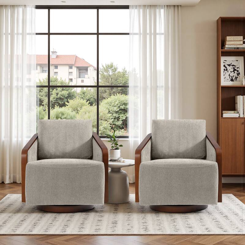 Set of 2 Modern 360° Swivel Accent Barrel Chairs with Wood Arms
