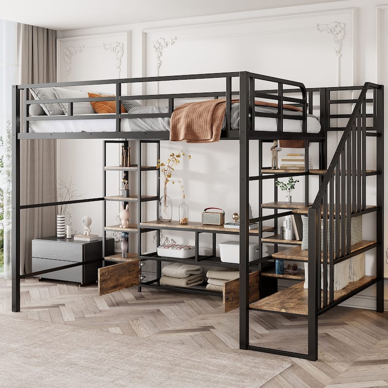 Full-Size Metal Loft Bed with Staircase, Built-In Low Storage Desk, and Multi-Tier Shelving for Space-Saving Versatility - Black
