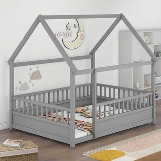 Full Size Floor Wooden Bed with House Roof Frame and Fence Guardrails ...