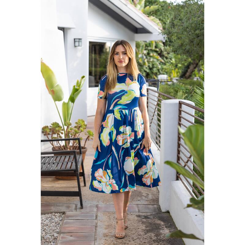 24seven Comfort Apparel Womens Blue Floral Short Sleeve Pleated Flare Midi Pocket Dress