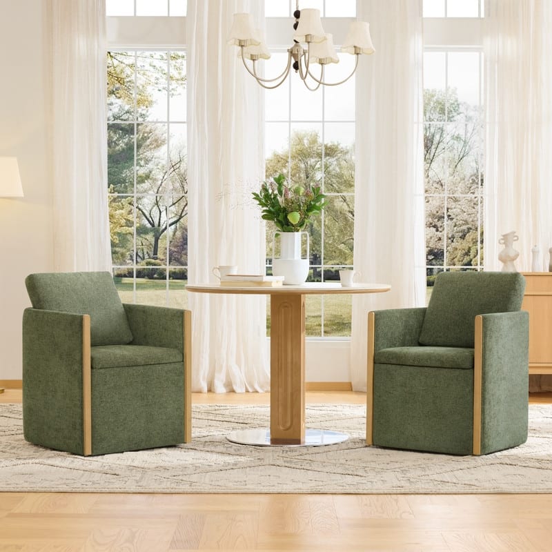 Spruce & Spring Modern Chenille Dining Chair with Casters, Wood Inlay & Hidden Storage