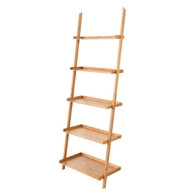 Costway 5-Tier Ladder Shelf Bamboo Bookshelf Wall-Leaning Storage - See Details