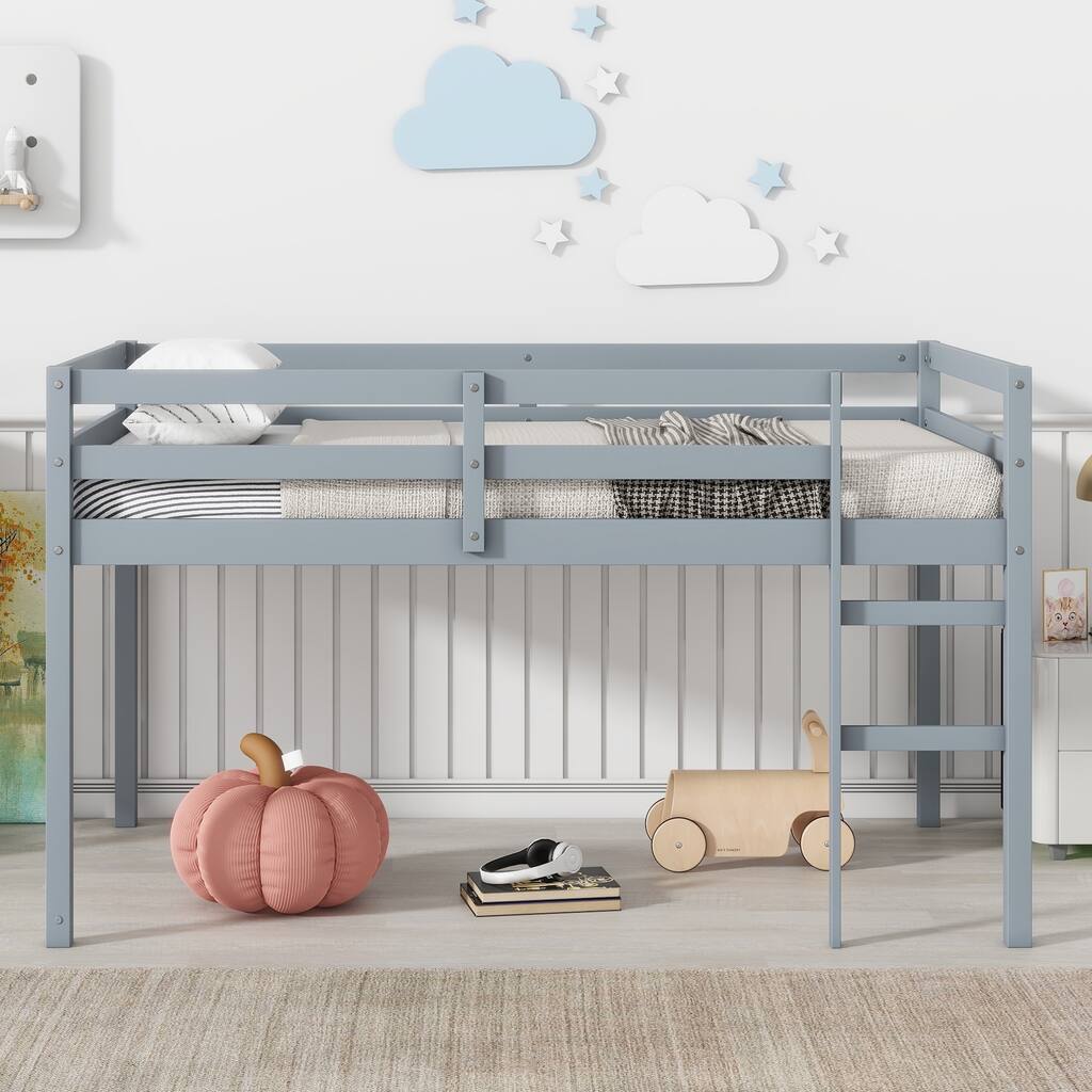 Solid Rubber Wooden Twin Loft Bed with Ladder