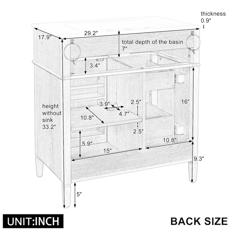 30" Bathroom Vanity with Ceramic Sink, Solid Pine Wood Frame Freestanding Vanity - 30inches