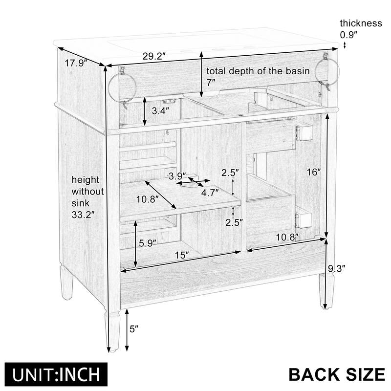 Freestanding Bathroom Vanity with Sink, Center Rectangular Ceramic Sink Bathroom Storage Cabinet, 24"/30"